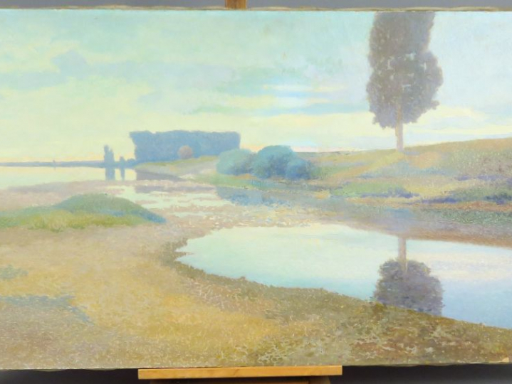 P. COSTES. "Paysage lacustre".  Huile sur toile, signée en bas à droit