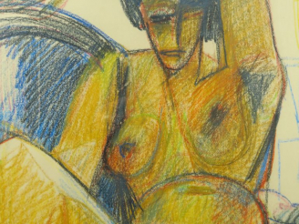 Vente aux enchères R. ESPINASSE. "Nu assis au fauteuil".  Craies de couleurs à la cire, s