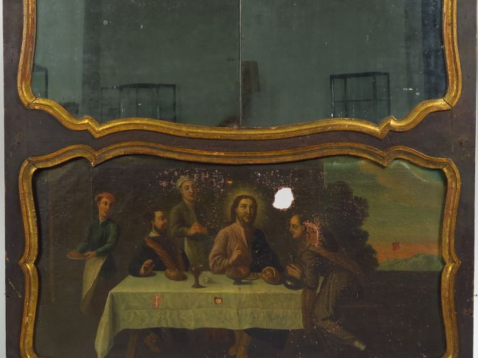 Trumeau de style Louis XV en bois noirci et doré, représentant la Cène