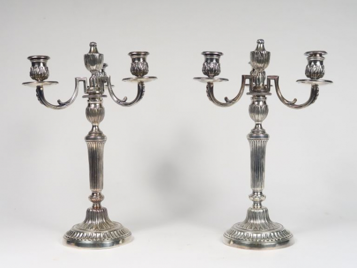 Paire de candélabres de style Louis XVI en bronze argenté, à décor de 