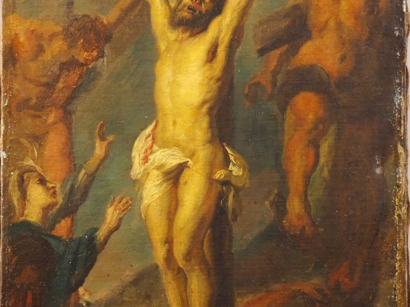 Ecole française XIXème. "Crucifixion". Huile sur toile. Dim. : 65 x 45