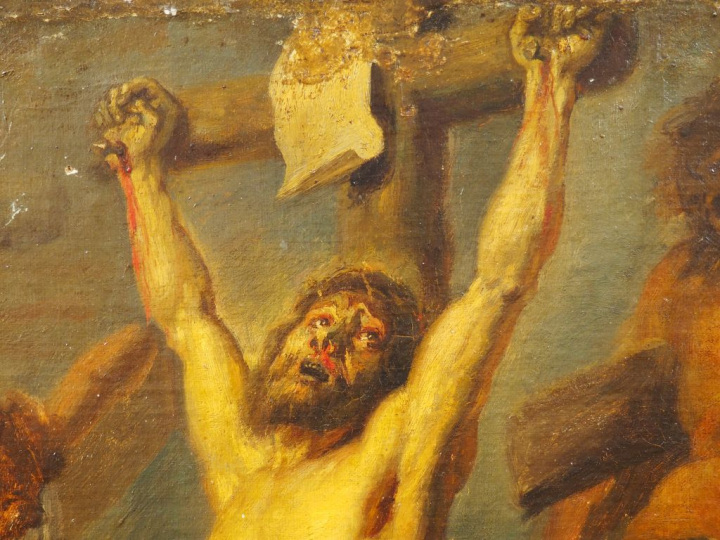 Ecole française XIXème. "Crucifixion". Huile sur toile. Dim. : 65 x 45