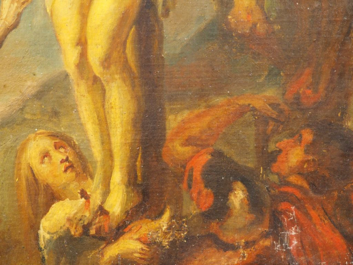 Ecole française XIXème. "Crucifixion". Huile sur toile. Dim. : 65 x 45