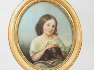 Vente aux enchères Ecole française XIXème "Portrait de fillette au lévrier". Huile sur to