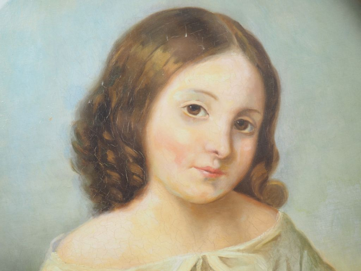 Ecole française XIXème "Portrait de fillette au lévrier". Huile sur to