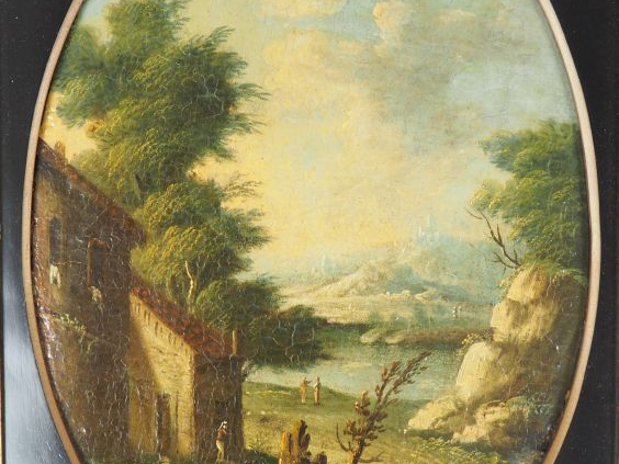 Ecole française XIXème. "Paysage animé".  Huile sur panneau en médaill