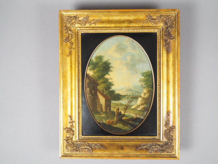 Ecole française XIXème. "Paysage animé".  Huile sur panneau en médaill