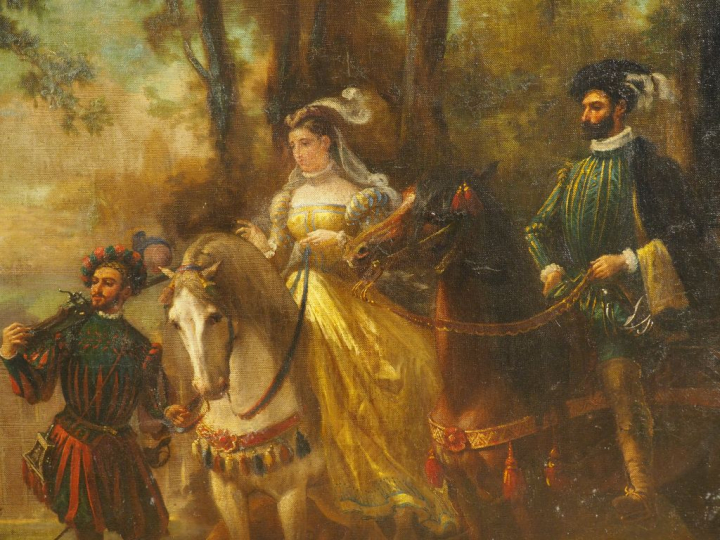 Cesare DELL'ACQUA (attribué à). "Retour de chasse". Grande huile sur t