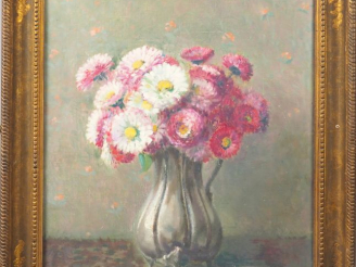 Vente aux enchères JACQUES BILLE. "Nature morte aux oeuillets". Huile sur toile, signée e