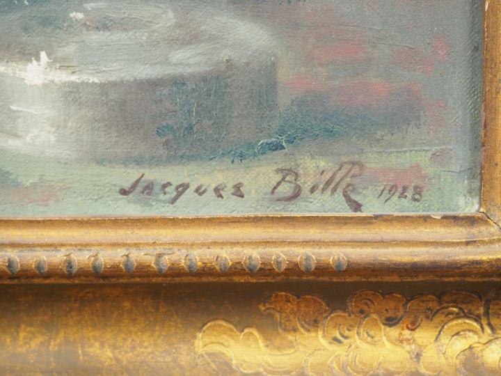 JACQUES BILLE. "Nature morte aux oeuillets". Huile sur toile, signée e