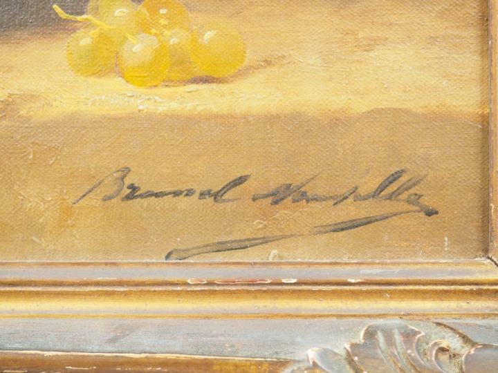 BRUNEL de NEUVILLE. "Nature morte aux raisins, pêches et à la bouteill
