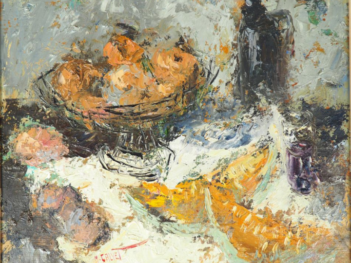 M. CALVET. "Nature morte aux fruits". Huile sur panneau, signée en bas