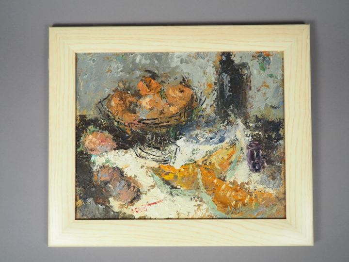 M. CALVET. "Nature morte aux fruits". Huile sur panneau, signée en bas
