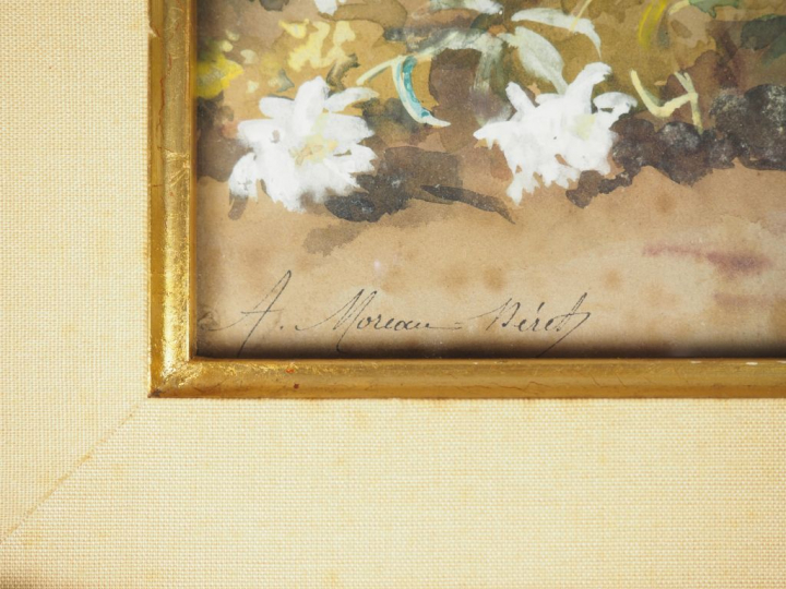 A. MOREAU-NERET. "Nature morte et Paysage".  Paire d'aquarelles, signé