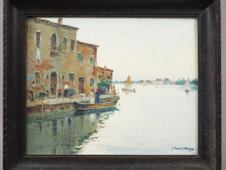 Vente aux enchères G.MORO. "La lagune à Venise". Huile sur toile, signée en bas à droite.