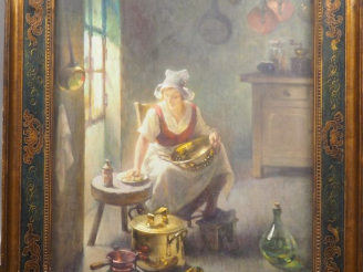 Vente aux enchères M.MONNOT. "La cuisinière". Huile sur toile, signée en bas à droite. Di