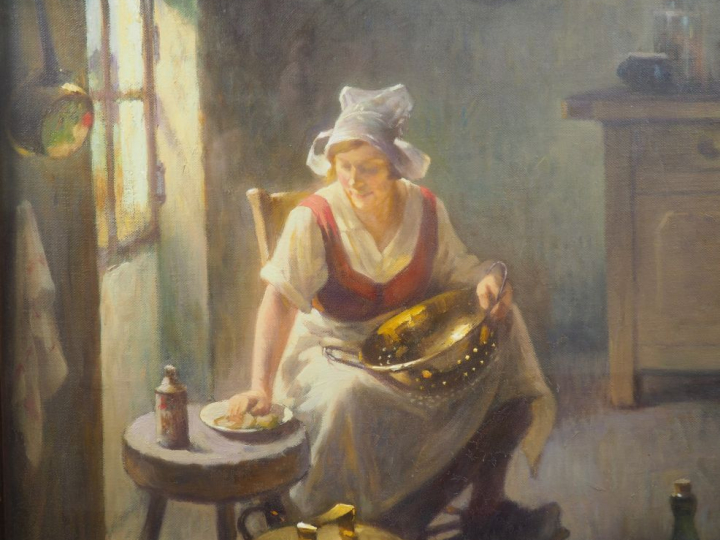 M.MONNOT. "La cuisinière". Huile sur toile, signée en bas à droite. Di