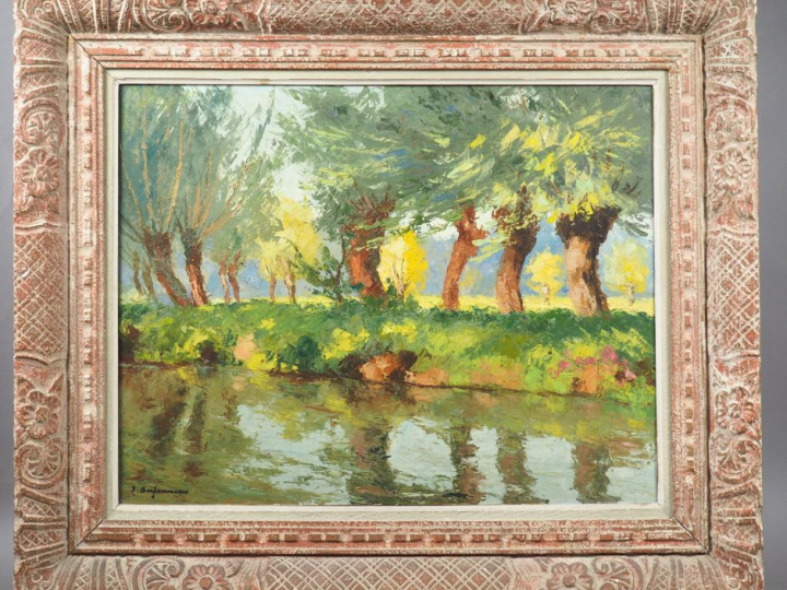 Ecole française XXème. "Bords de rivière, les saules". Huile sur toile