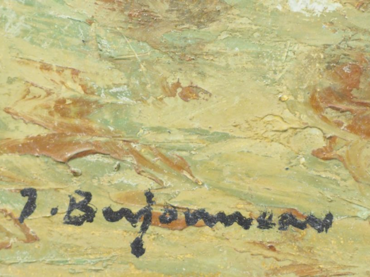 Ecole française XXème. "Bords de rivière, les saules". Huile sur toile
