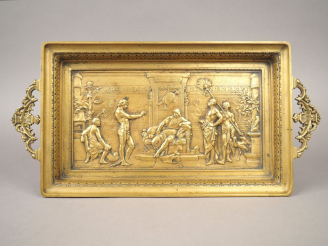 Vente aux enchères E. PICAULT. Grande coupe en bronze à décor de scène de cour égyptienne