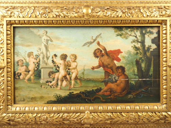 Ecole française XVIIIème "Scène animée aux amours".       Huile sur pa