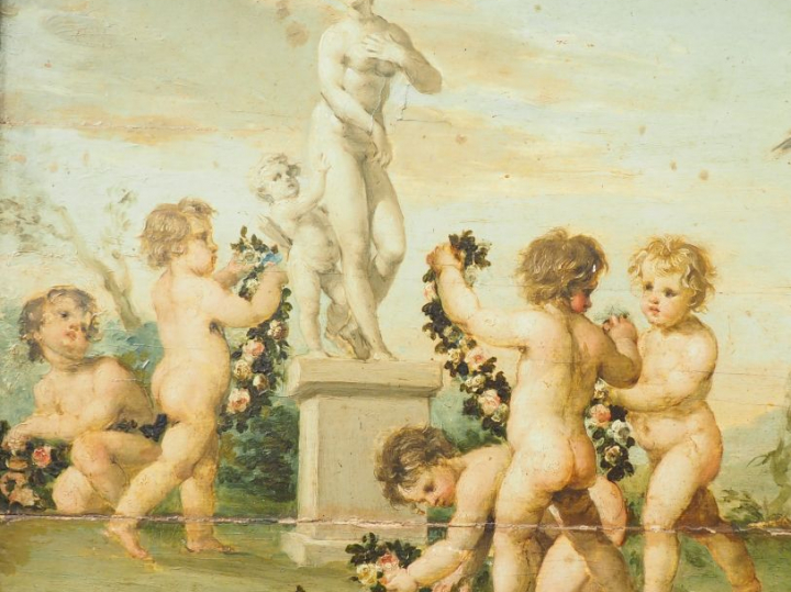 Ecole française XVIIIème "Scène animée aux amours".       Huile sur pa