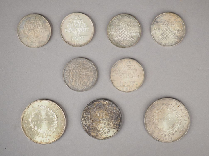 Ensemble de pièces en argent, comprenant :  - six pièces de 100 Francs