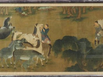 Peinture sur lin, représentant un marché aux chevaux, dans le style de