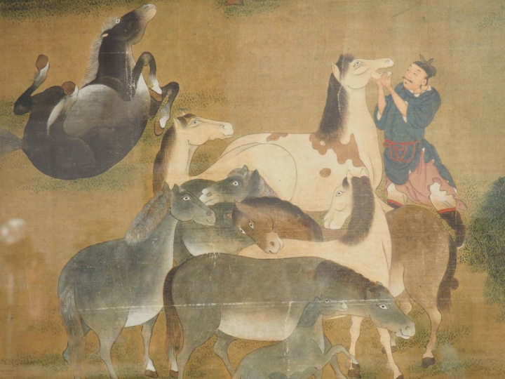 Peinture sur lin, représentant un marché aux chevaux, dans le style de