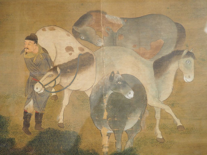 Peinture sur lin, représentant un marché aux chevaux, dans le style de