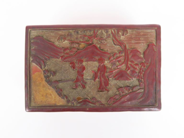 Boite rectangulaire en laque de cinabre sculptée de deux personnages d