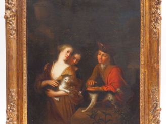 Vente aux enchères 	Michel VAN MUSSHER (1645 - 1705). "Groupe de personnages et animaux" 