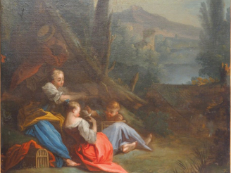 Vente aux enchères 	Ecole française XVIIIème, copie de Boucher. "Enfants et oiseaux". Hui