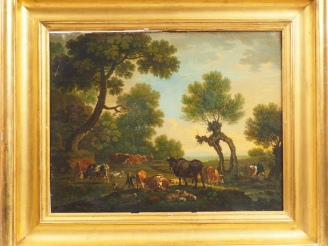 Vente aux enchères Ecole française fin XVIIIème début XIXème "Paysage animé". Huile sur t