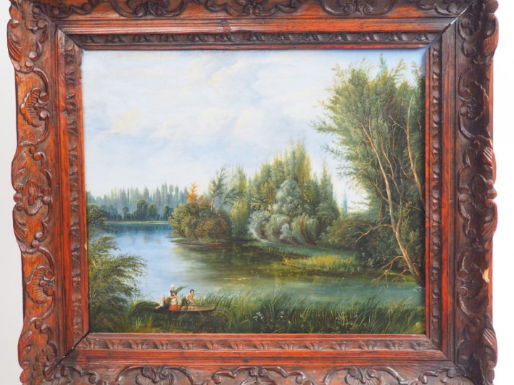 	Ecole française XIXème."Paysage lacustre animé" Huile sur toile. Dim.