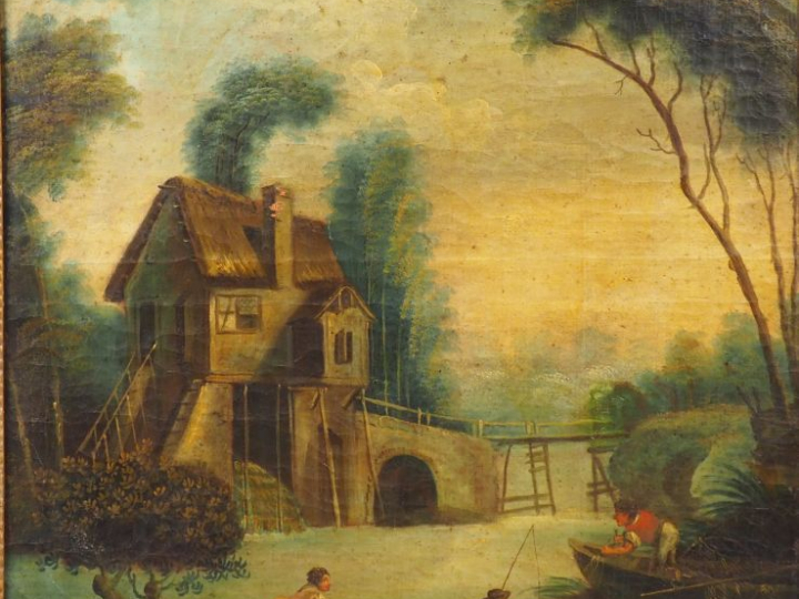 Trumeau début XIXème orné d’une peinture figurant une scène de pêche p