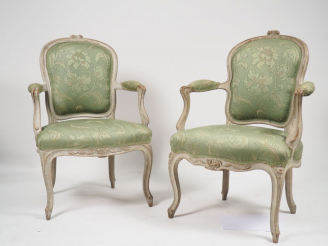 Vente aux enchères Paire de fauteuils cabriolet Louis XV en bois mouluré relaqué gris, sc
