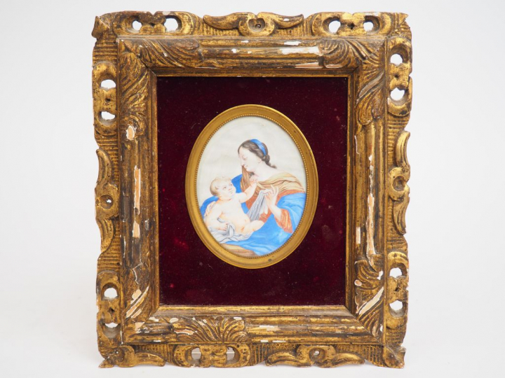 Gouache XVIIème sur vélin. « Vierge à l’Enfant »  Dim. 9 x 7 cm