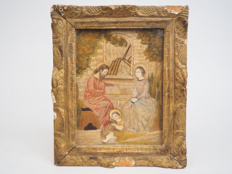 Vente aux enchères 	Soie brodée XVIIIème.  « La Sainte Famille » Dans un cadre d’époque. 