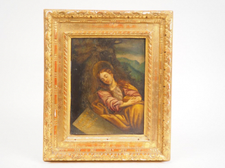 Vente aux enchères Ecole XVIIème "Sainte femme" Huile sur cuivre. Dans un joli cadre ital