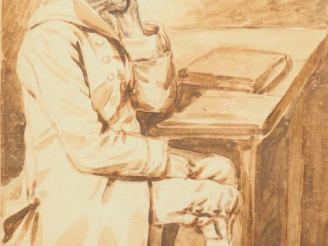 Vente aux enchères A. DELERIVE.  « Portrait d’homme assis » Dessin au lavis. Signé en bas