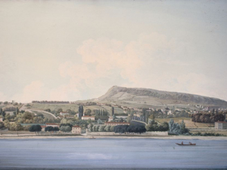 Vente aux enchères 	Ecole française vers 1800 "Paysage fluvial" Gouache 30,5 x 50 cm Expe