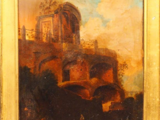 Vente aux enchères Ecole hollandaise XIXème "Paysage de ruine animé" Huile sur toile.  67