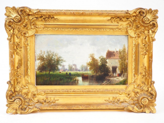 Vente aux enchères FLERS "Bord de rivière animé en Hollande" Huile sur panneau.  Signée e