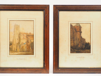 Vente aux enchères 	L. FRANCIA . « Vues d’église » et « Le rempart » Deux aquarelles. L’u