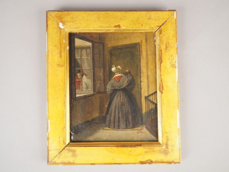 Vente aux enchères Alphonse LAVAUDAN  "Visite imprévue" Huile sur toile.  Signée en bas à