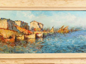Vente aux enchères Ecole du milieu du XXème siècle.  « Les Martigues » Huile sur panneau.