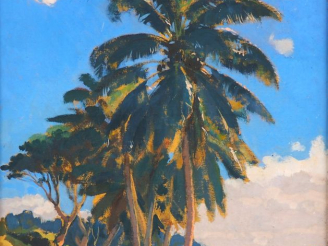 Vente aux enchères P. BLEGER  « Les cocotiers » Huile sur toile. Signée en bas à droite 4
