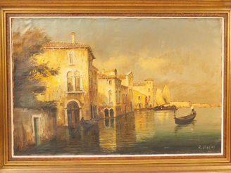 Vente aux enchères VALLINI  "Venise".  Huile sur toile.  Signée en bas à droite.  60 x 91