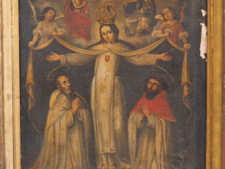 Vente aux enchères 	Ecole espagnole XVIIIème. 'Représentation de trois saints personnages